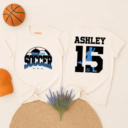 Custom Soccer Sweatshirt Blue White Front SOCCER Team Name Name 15 Ashley Player Back