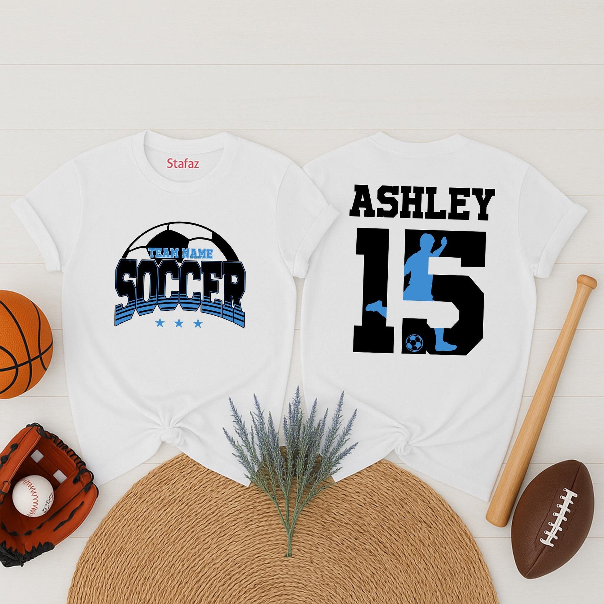 Custom Soccer Sweatshirt Blue White Front SOCCER Team Name Name 15 Ashley Player Back