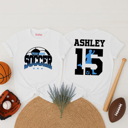 Custom Soccer Sweatshirt Blue White Front SOCCER Team Name Name 15 Ashley Player Back
