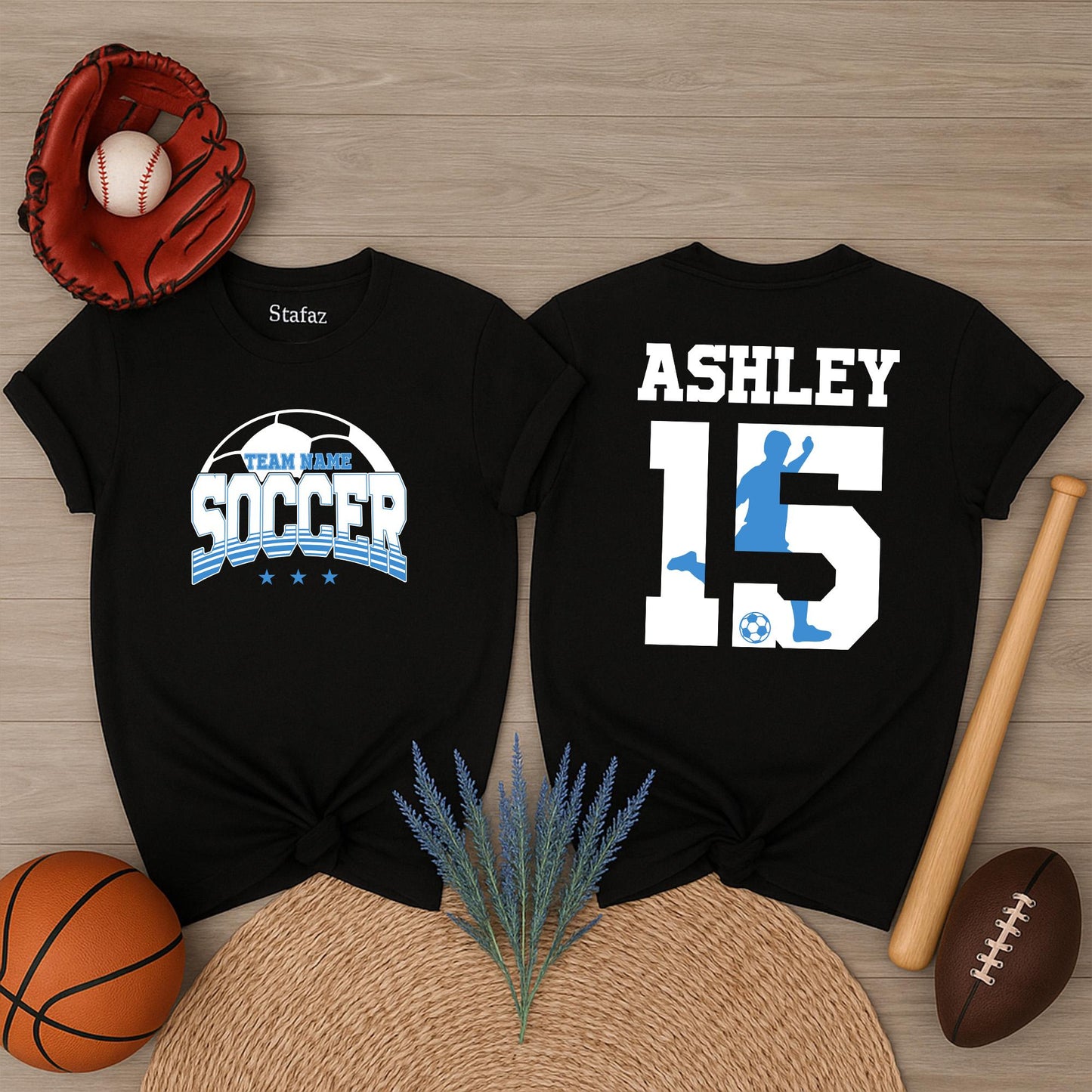 Custom Soccer Sweatshirt Blue White Front SOCCER Team Name Name 15 Ashley Player Back
