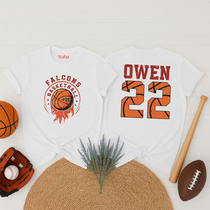 Custom Basketball Name Number Sweater Shirt Falcons Team Fan Gift Game Day Apparel for Mom Dad Players Unique Stars Flames Design