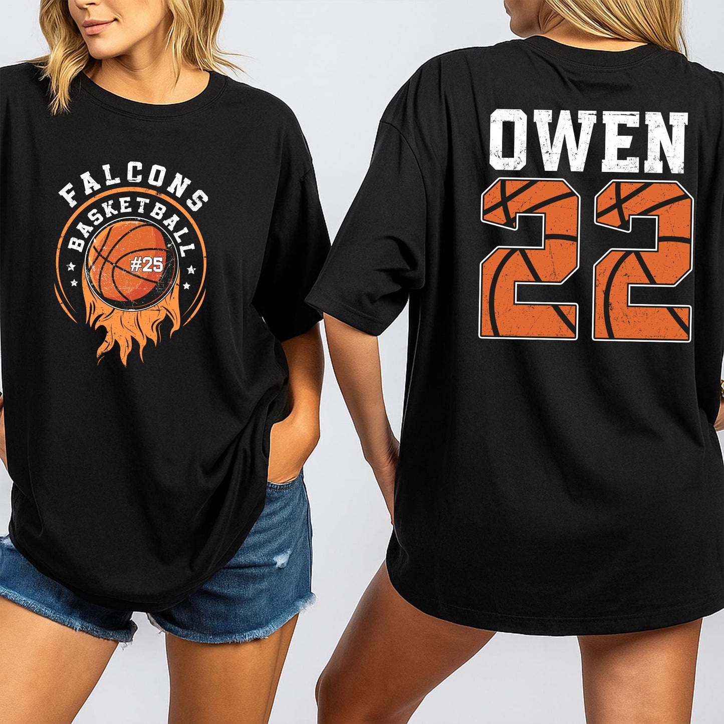 Custom Basketball Name Number Sweater Shirt Falcons Team Fan Gift Game Day Apparel for Mom Dad Players Unique Stars Flames Design
