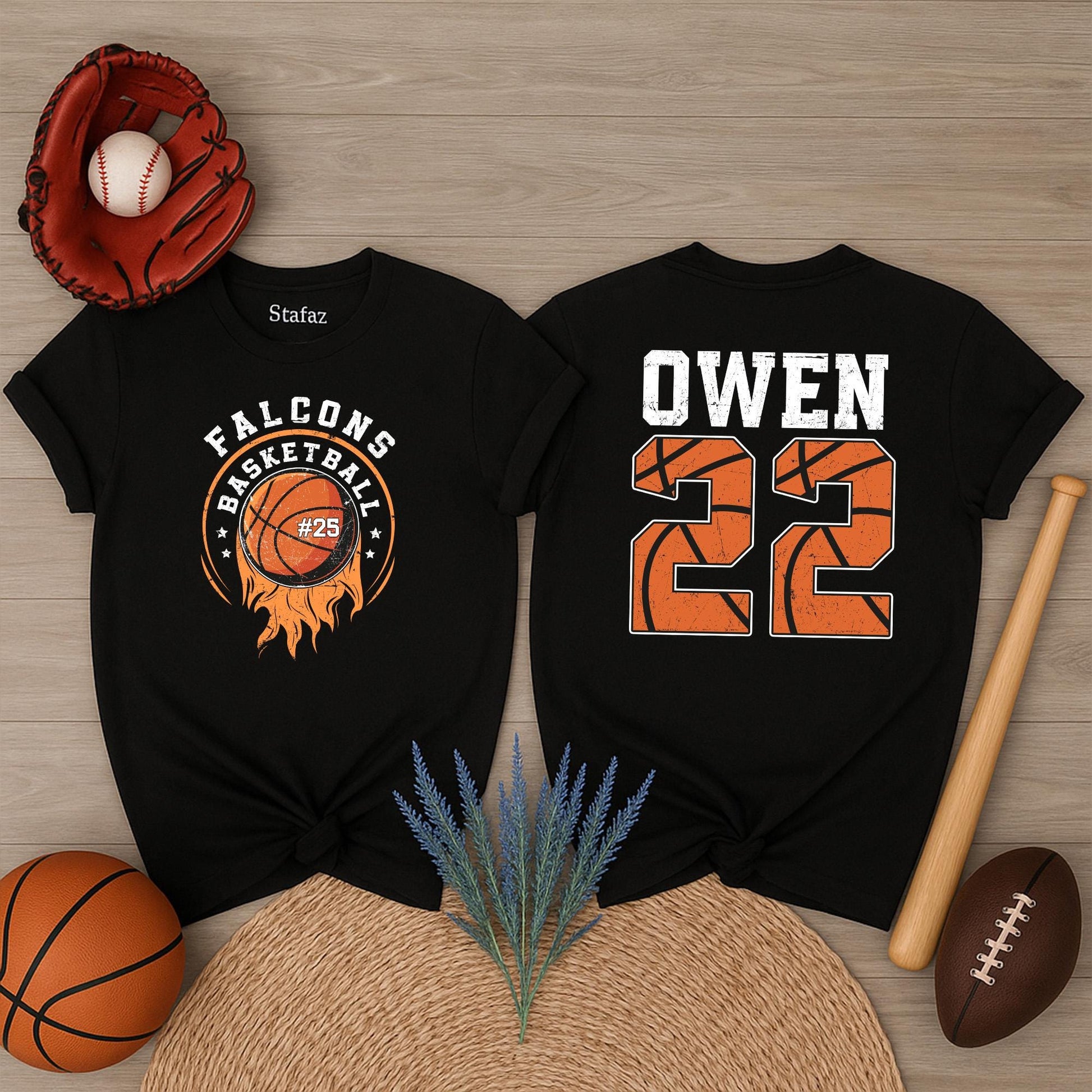Custom Basketball Name Number Sweater Shirt Falcons Team Fan Gift Game Day Apparel for Mom Dad Players Unique Stars Flames Design
