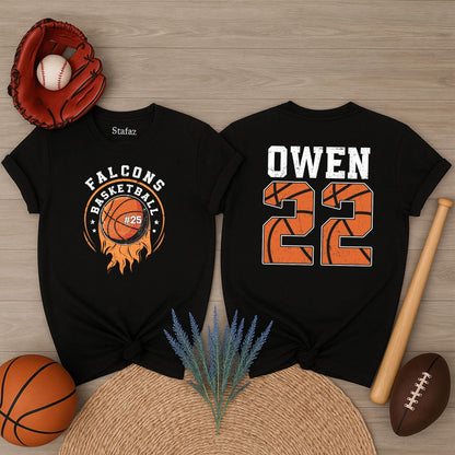 Custom Basketball Name Number Sweater Shirt Falcons Team Fan Gift Game Day Apparel for Mom Dad Players Unique Stars Flames Design