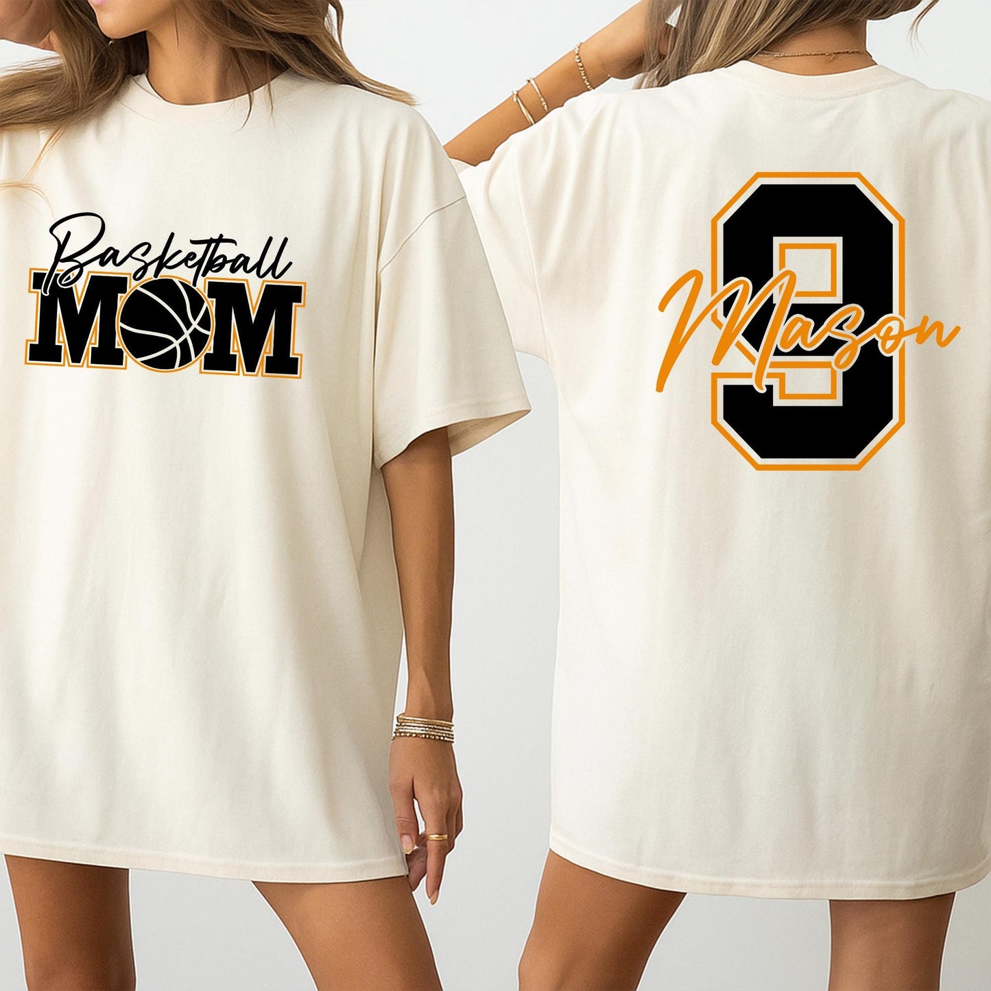 Custom Basketball MOM Sweater, Mason's Number Game Day Sweatshirt, Personalized Team Spirit Wear, Orange Outline Fan Outfit for Basketball Season (139 chars)