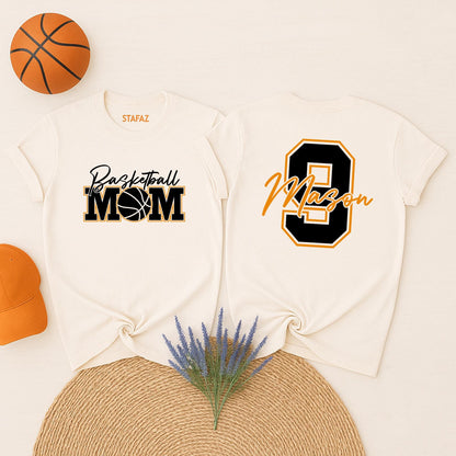 Custom Basketball MOM Sweater, Mason's Number Game Day Sweatshirt, Personalized Team Spirit Wear, Orange Outline Fan Outfit for Basketball Season (139 chars)