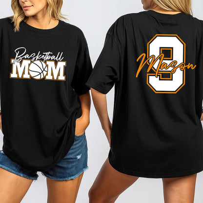 Custom Basketball MOM Sweater, Mason's Number Game Day Sweatshirt, Personalized Team Spirit Wear, Orange Outline Fan Outfit for Basketball Season (139 chars)