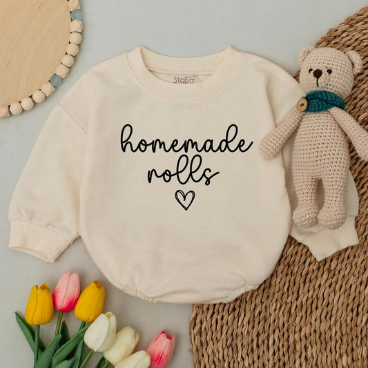 Homemade Rolls Fall Baby Romper First Thanksgiving Day Bodysuit Outfit with Heart Design Retro Toddler Sweatshirt Winter Kids Clothes Baby Shower Gift