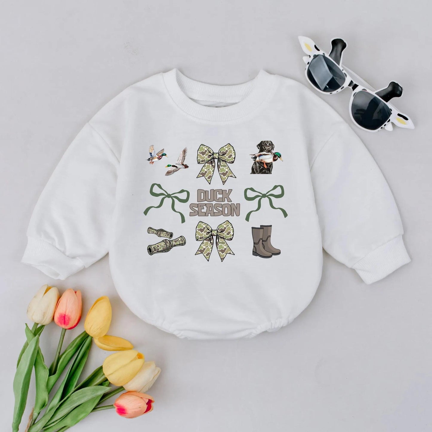 Duck Season Bubble Romper with Camo Bows Mallard Duck Black Lab Graphic Baby Outfit Rustic Outdoor Newborn Gift