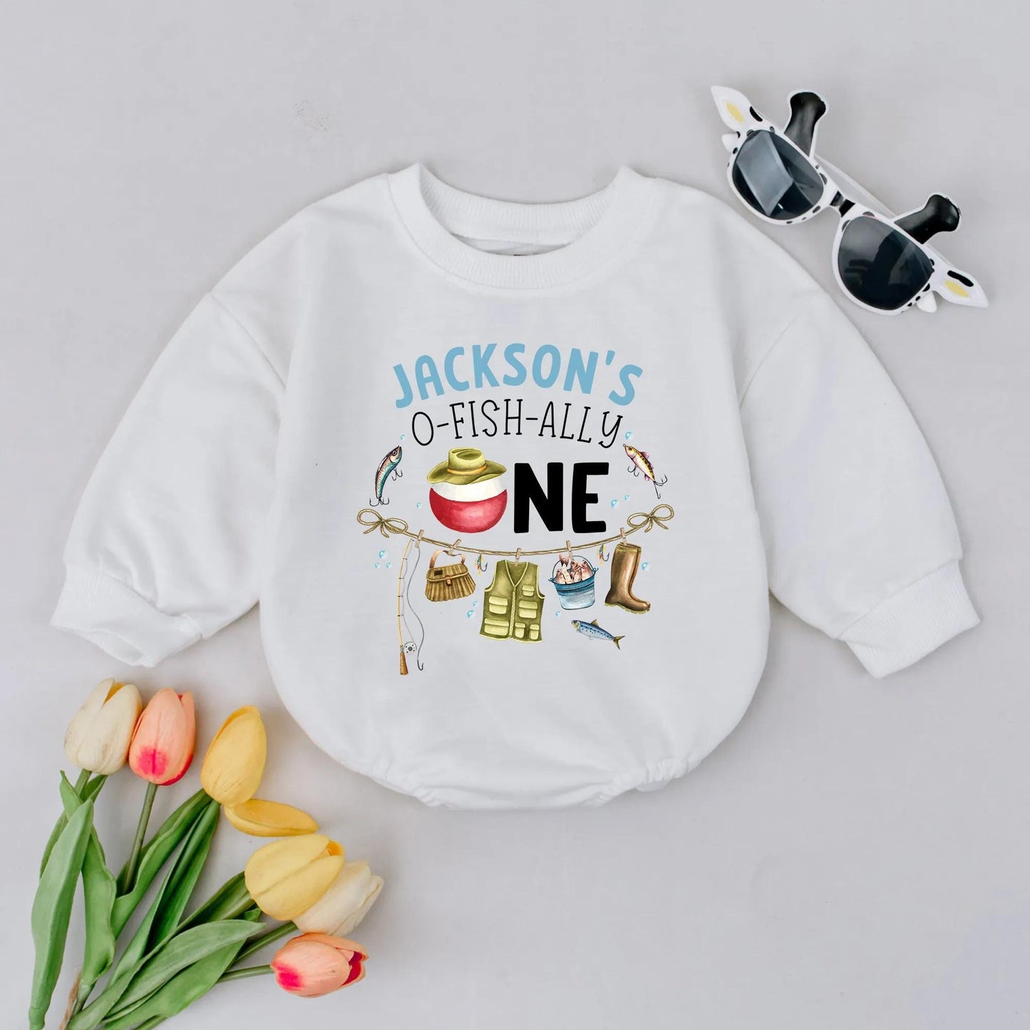 Personalized Jackson's O-Fish-Ally One Baby Boy Romper First Birthday Outfit Whimsical Fishing Design One Year Old Gift Baby Shower Clothes