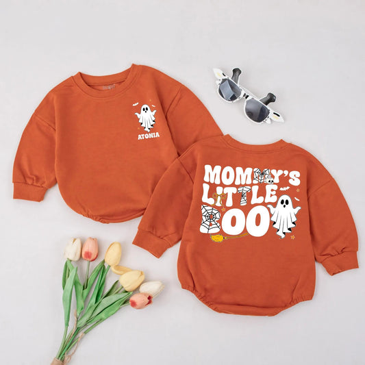 Mommy's Little Boo Romper Orange Black Ghost Spooky Cute Baby's First Halloween Costume Newborn Bodysuit Cartoonish Style Fall Season Gift Stars