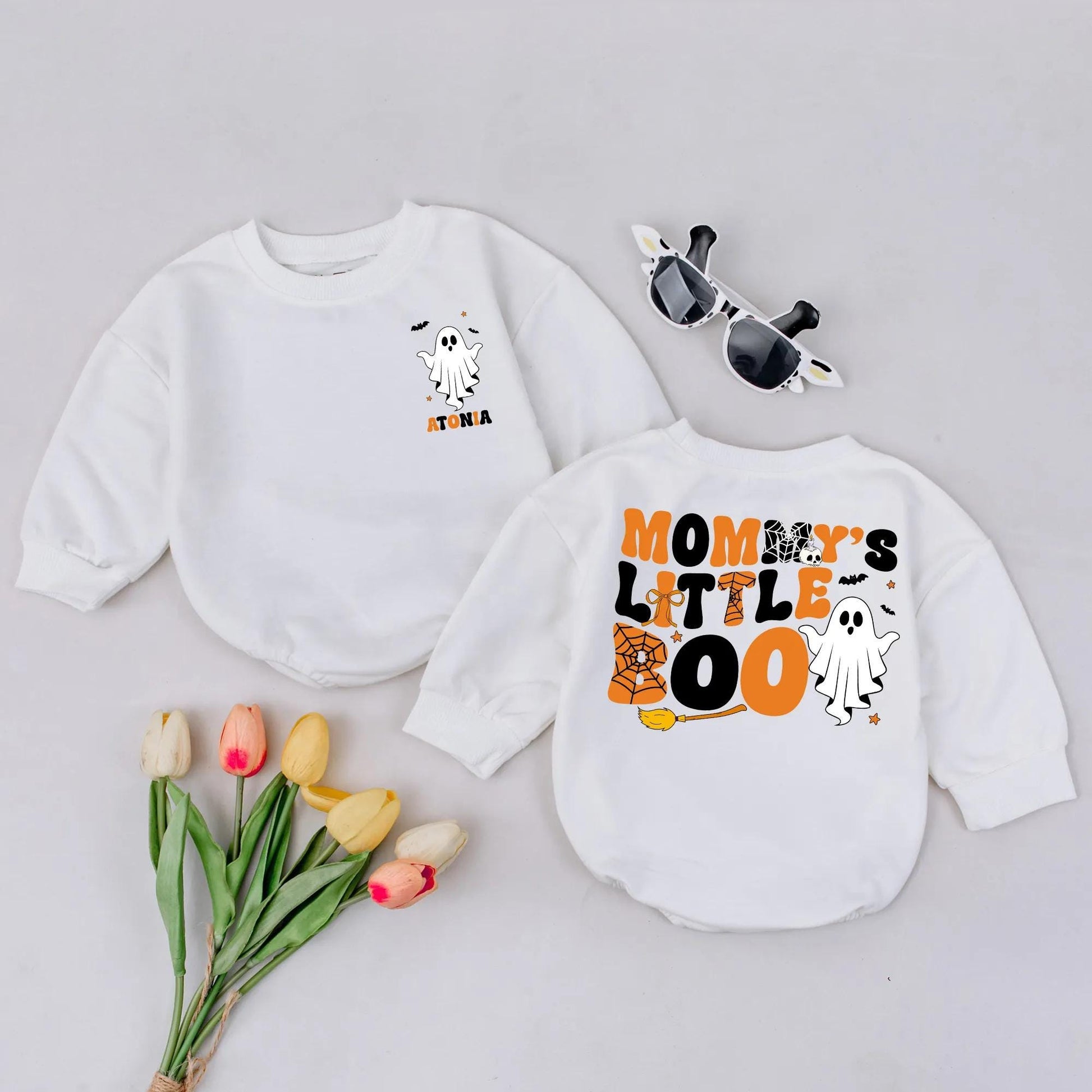 Mommy's Little Boo Romper Orange Black Ghost Spooky Cute Baby's First Halloween Costume Newborn Bodysuit Cartoonish Style Fall Season Gift Stars