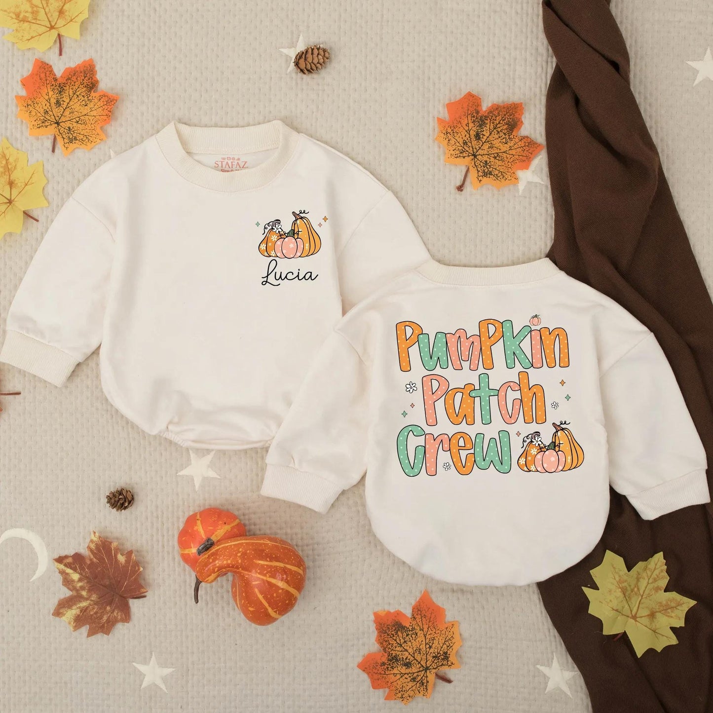 Personalized Pumpkin Patch Crew Fall Bubble Romper for Baby Girls, Custom Name Thanksgiving Toddler Outfit with Whimsical Pumpkins Flowers Stars