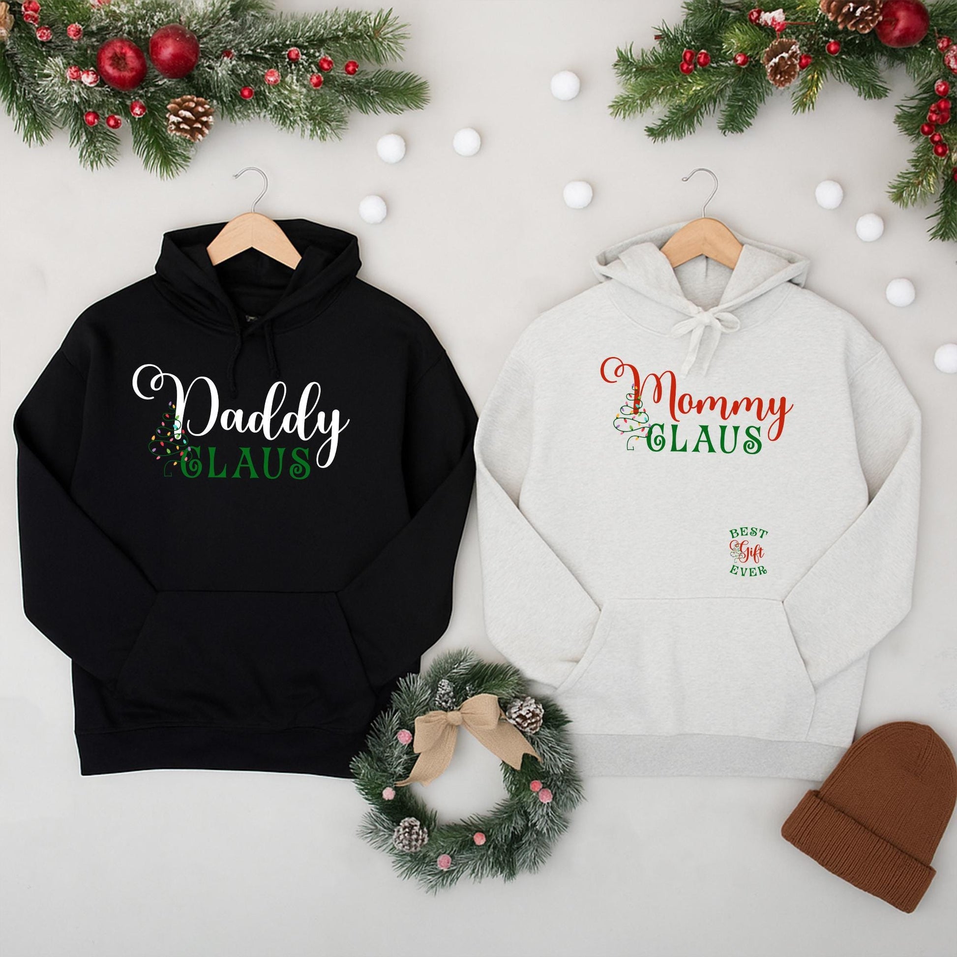 Mommy Daddy Claus Matching Christmas Baby Announcement Sweatshirts for Parents with Festive Red Green Tree Design, Best Holiday Gift Ever