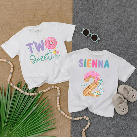 Personalized Two Sweet Birthday Girl T-Shirt: Custom Name Sienna Ice Cream Donut Second Birthday Outfit Toddler Kids 2 Year Old Party Tee, Cute Gift
