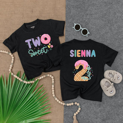 Personalized Two Sweet Birthday Girl T-Shirt: Custom Name Sienna Ice Cream Donut Second Birthday Outfit Toddler Kids 2 Year Old Party Tee, Cute Gift