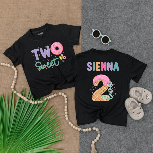 Personalized Two Sweet Birthday Girl T-Shirt: Custom Name Sienna Ice Cream Donut Second Birthday Outfit Toddler Kids 2 Year Old Party Tee, Cute Gift
