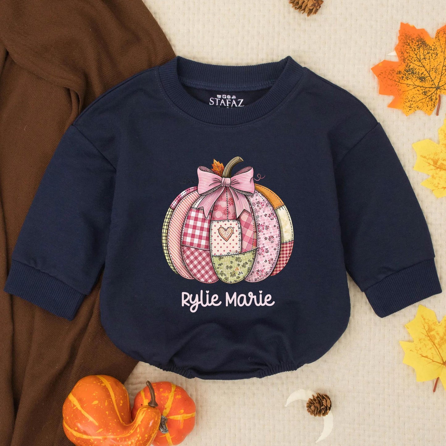 Rylie Marie Pink Patchwork Pumpkin Bubble Romper Custom Name Autumn Toddler Baby Girl Thanksgiving Outfit Vintage Quilt Style Cute Floral Stripes