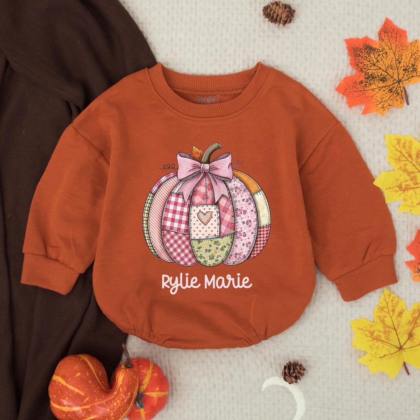 Rylie Marie Pink Patchwork Pumpkin Bubble Romper Custom Name Autumn Toddler Baby Girl Thanksgiving Outfit Vintage Quilt Style Cute Floral Stripes