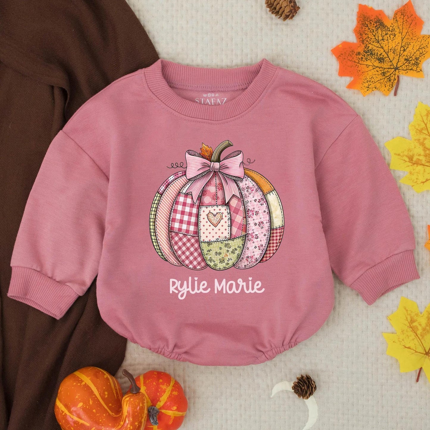 Rylie Marie Pink Patchwork Pumpkin Bubble Romper Custom Name Autumn Toddler Baby Girl Thanksgiving Outfit Vintage Quilt Style Cute Floral Stripes