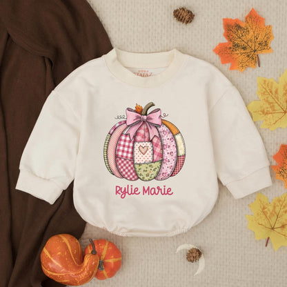 Rylie Marie Pink Patchwork Pumpkin Bubble Romper Custom Name Autumn Toddler Baby Girl Thanksgiving Outfit Vintage Quilt Style Cute Floral Stripes