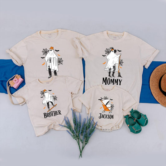 Spooky Ghost Family Matching Halloween Shirts, Personalized with Names - Cute Outfits for Kids and Adults, Fun Spooky Season Birthday Ghoul Tees