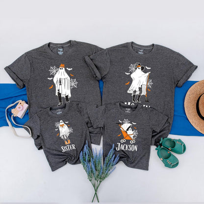 Spooky Ghost Family Matching Halloween Shirts, Personalized with Names - Cute Outfits for Kids and Adults, Fun Spooky Season Birthday Ghoul Tees