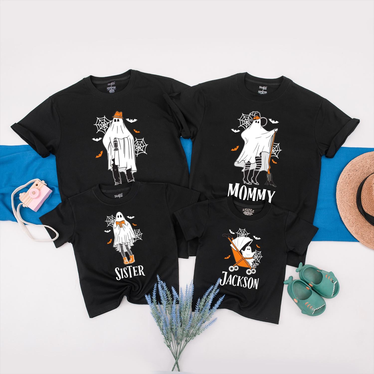 Spooky Ghost Family Matching Halloween Shirts, Personalized with Names - Cute Outfits for Kids and Adults, Fun Spooky Season Birthday Ghoul Tees