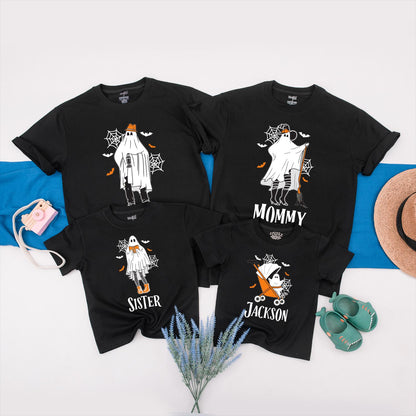 Spooky Ghost Family Matching Halloween Shirts, Personalized with Names - Cute Outfits for Kids and Adults, Fun Spooky Season Birthday Ghoul Tees