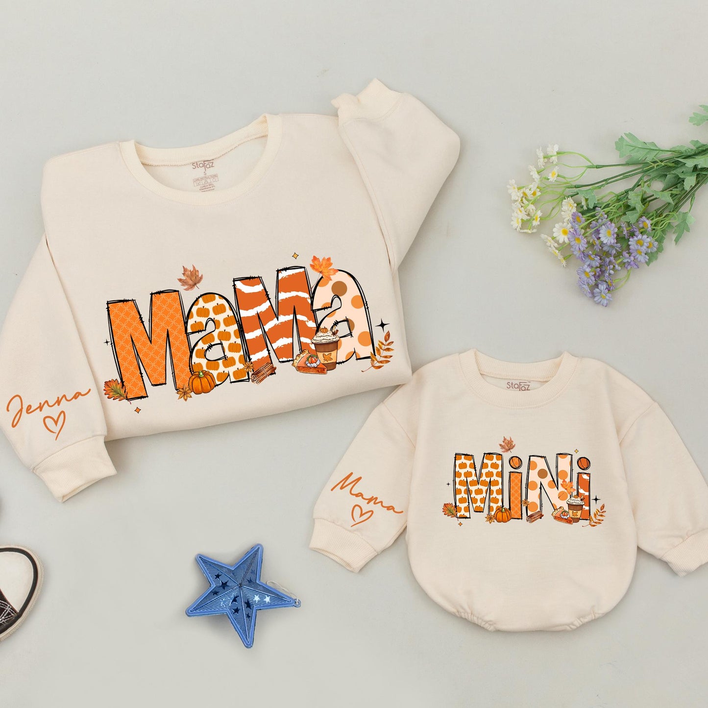 Matching Fall Mama Mini Sweatshirts, Retro Thanksgiving Family Outfits, Personalized Mommy and Me Set, Pumpkin Design, Baby, Toddler