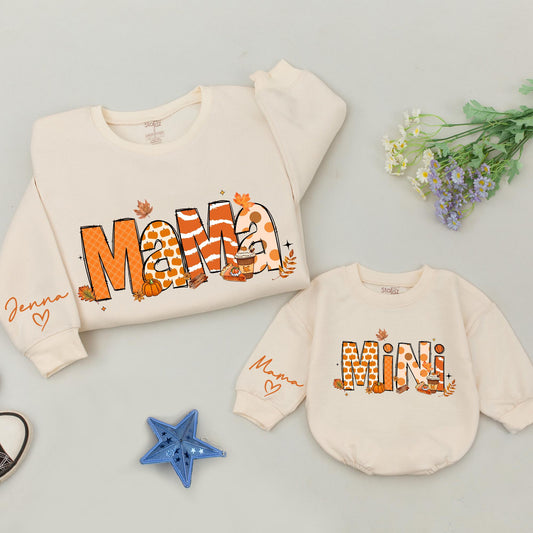 Matching Fall Mama Mini Sweatshirts, Retro Thanksgiving Family Outfits, Personalized Mommy and Me Set, Pumpkin Design, Baby, Toddler