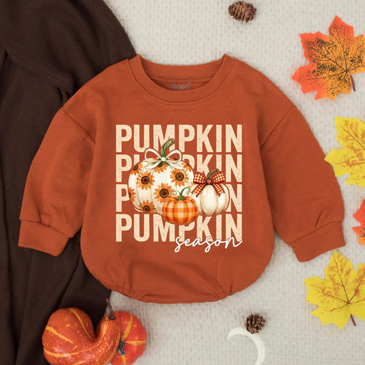 Pumpkin Season Baby Girl Romper Fall Outfit, Thanksgiving Infant Clothes with Sunflowers and Plaid Pumpkins, Cute Autumn Toddler Clothes, Gift Idea 136