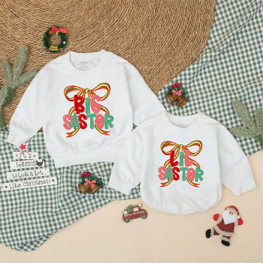 Christmas Matching Big Sister Lil Sister Sweatshirts Festive Bow Design Red Pink Green Holiday Sibling Announcement Baby Toddler Girl Gift