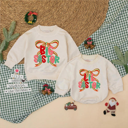 Christmas Matching Big Sister Lil Sister Sweatshirts Festive Bow Design Red Pink Green Holiday Sibling Announcement Baby Toddler Girl Gift