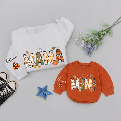 Personalized Mama Mini Thanksgiving Sweatshirts and Turkey Romper Fall Family Matching Outfit with Whimsical Autumnal Letter Designs