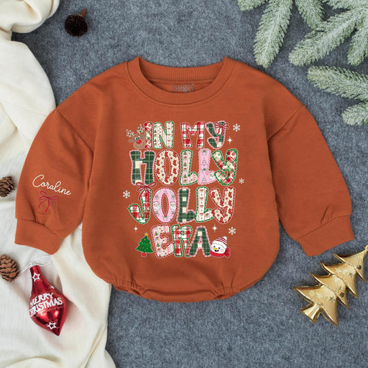 Custom In My Holly Jolly Era Christmas Baby Girl Bubble Romper Outfit, Personalized Toddler Holiday Bodysuit, Winter Baby Shower Gift