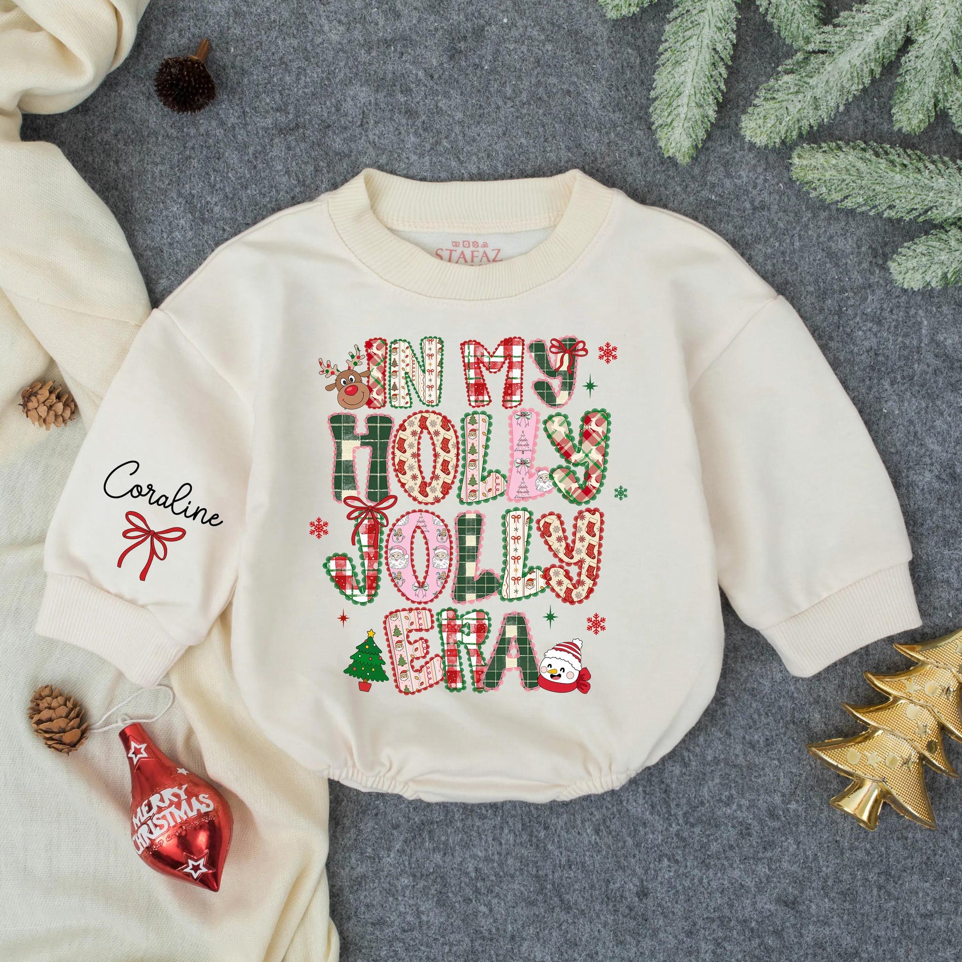 Custom In My Holly Jolly Era Christmas Baby Girl Bubble Romper Outfit, Personalized Toddler Holiday Bodysuit, Winter Baby Shower Gift