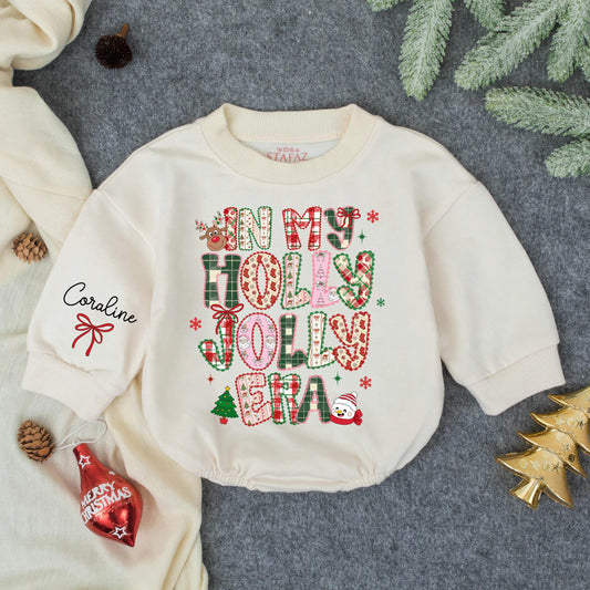 Custom In My Holly Jolly Era Christmas Baby Girl Bubble Romper Outfit, Personalized Toddler Holiday Bodysuit, Winter Baby Shower Gift