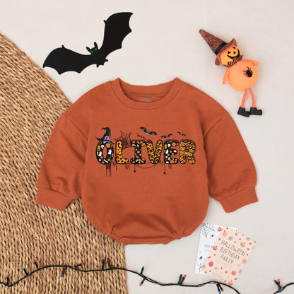 Custom Oliver Halloween Baby Bubble Romper Spooky Festive Bats Pumpkins Ghost Skull Spiderweb Design First Halloween Baby Boy Gift