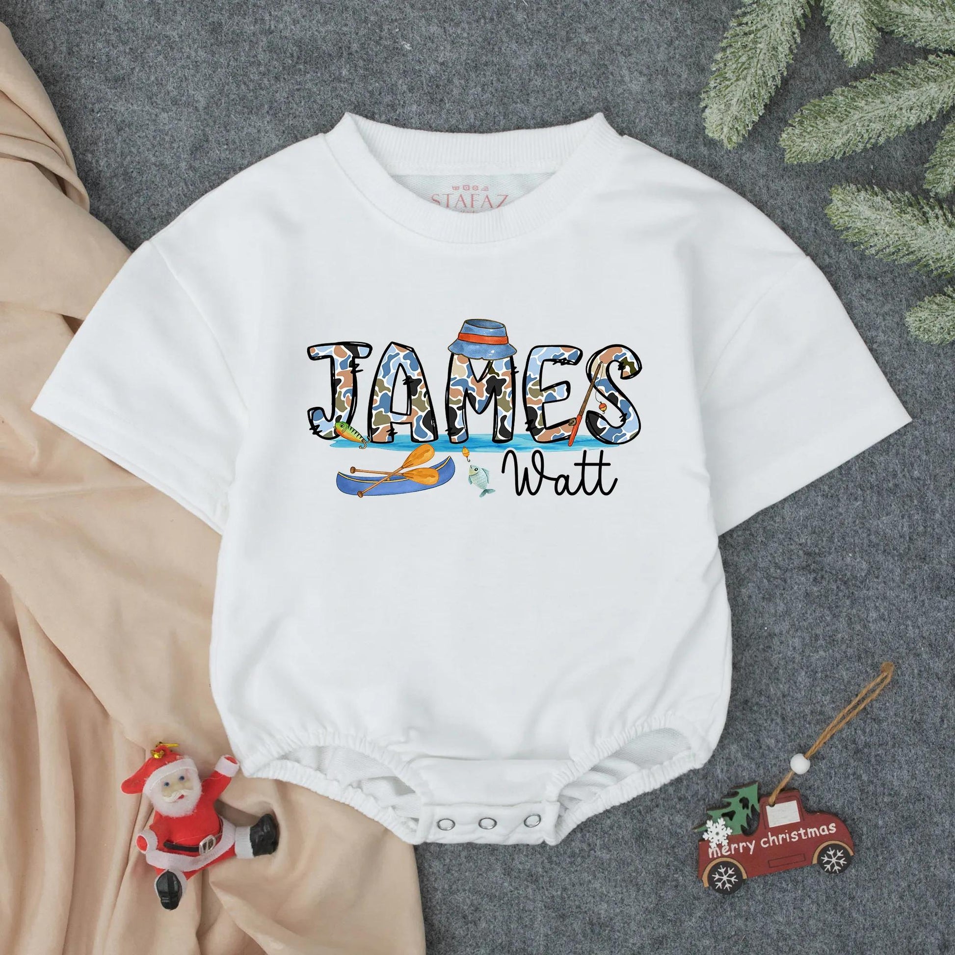 James Watt Fishing Adventure Romper: Southern Boy Style! Blue Camo Baby Bodysuit, Lures & Fish Design, Whimsical Personalized Outfit, Shower Gift 138