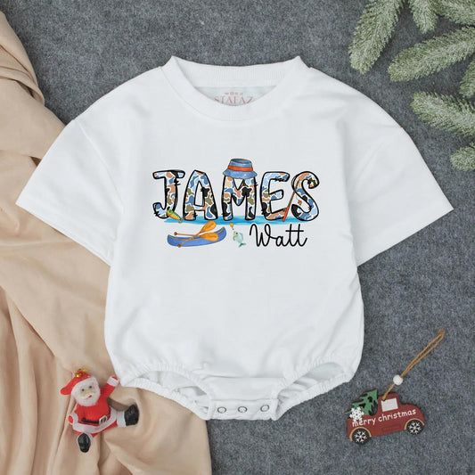 James Watt Fishing Adventure Romper: Southern Boy Style! Blue Camo Baby Bodysuit, Lures & Fish Design, Whimsical Personalized Outfit, Shower Gift 138