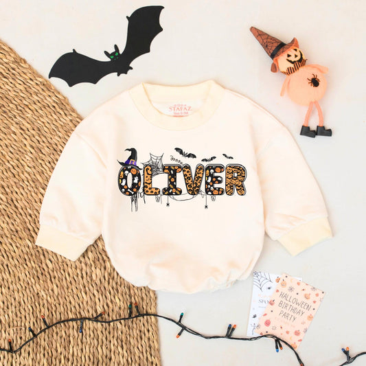 Custom Oliver Halloween Baby Bubble Romper Spooky Festive Bats Pumpkins Ghost Skull Spiderweb Design First Halloween Baby Boy Gift