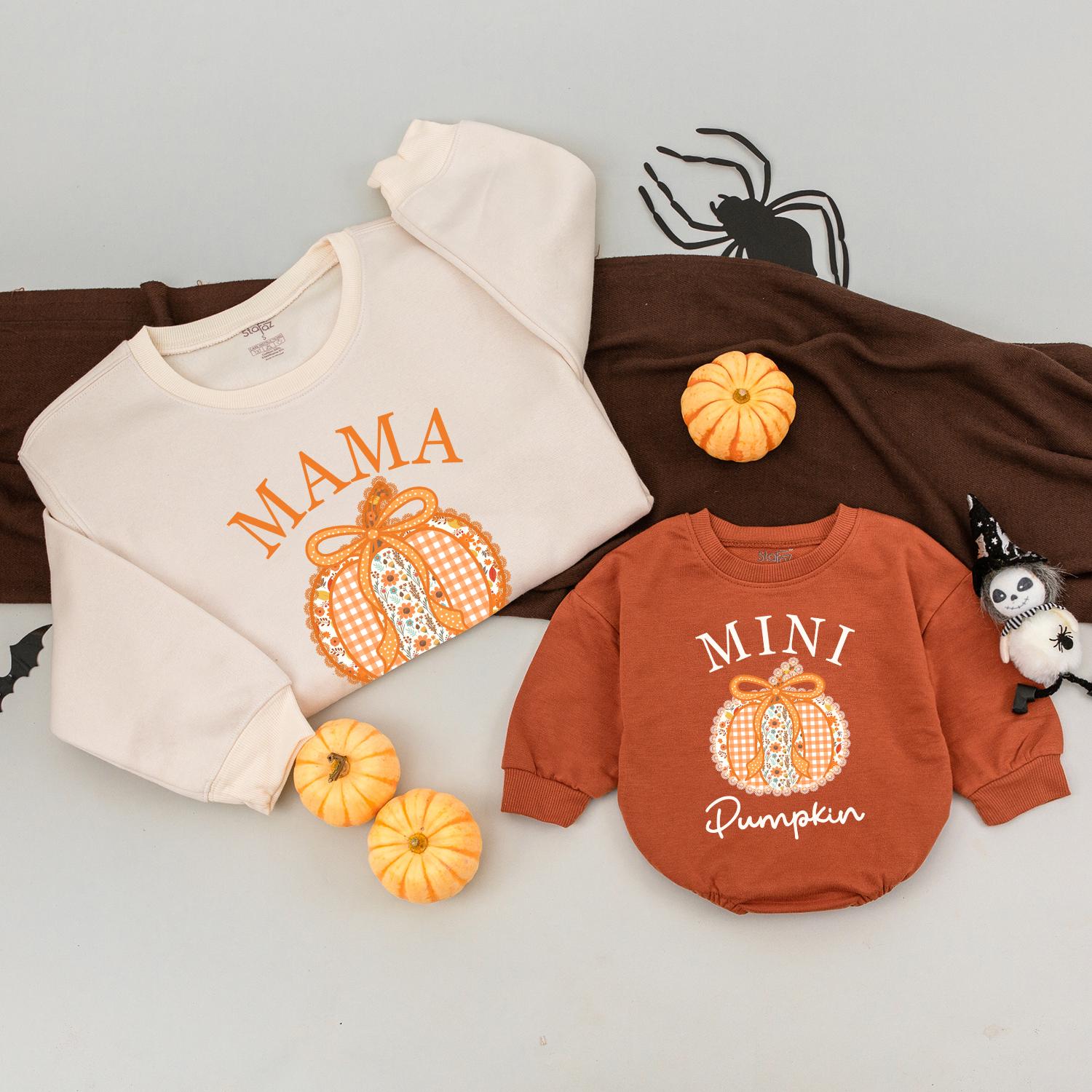 Mama and Mini Pumpkin Sweatshirts Mommy and Me Gingham Floral Design Orange Bow Fall Family Matching Cute Autumn "MAMA MINI Pumpkin" Text