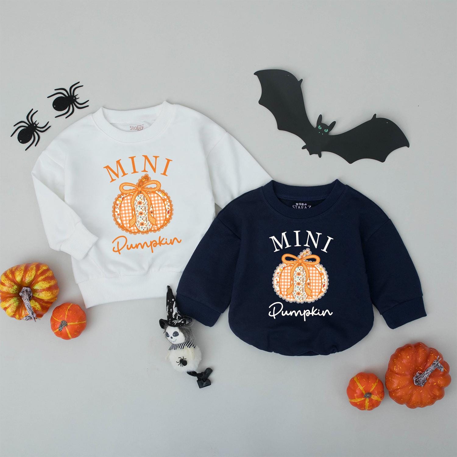 Mama and Mini Pumpkin Sweatshirts Mommy and Me Gingham Floral Design Orange Bow Fall Family Matching Cute Autumn "MAMA MINI Pumpkin" Text
