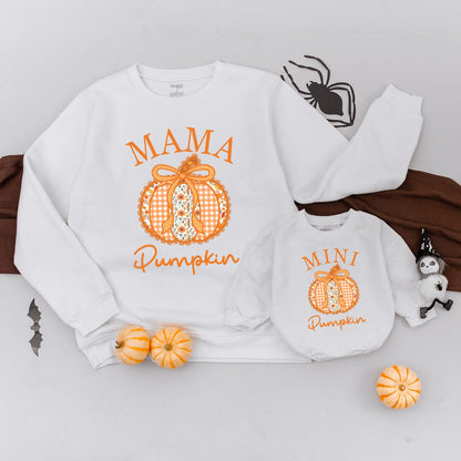 Mama and Mini Pumpkin Sweatshirts Mommy and Me Gingham Floral Design Orange Bow Fall Family Matching Cute Autumn "MAMA MINI Pumpkin" Text