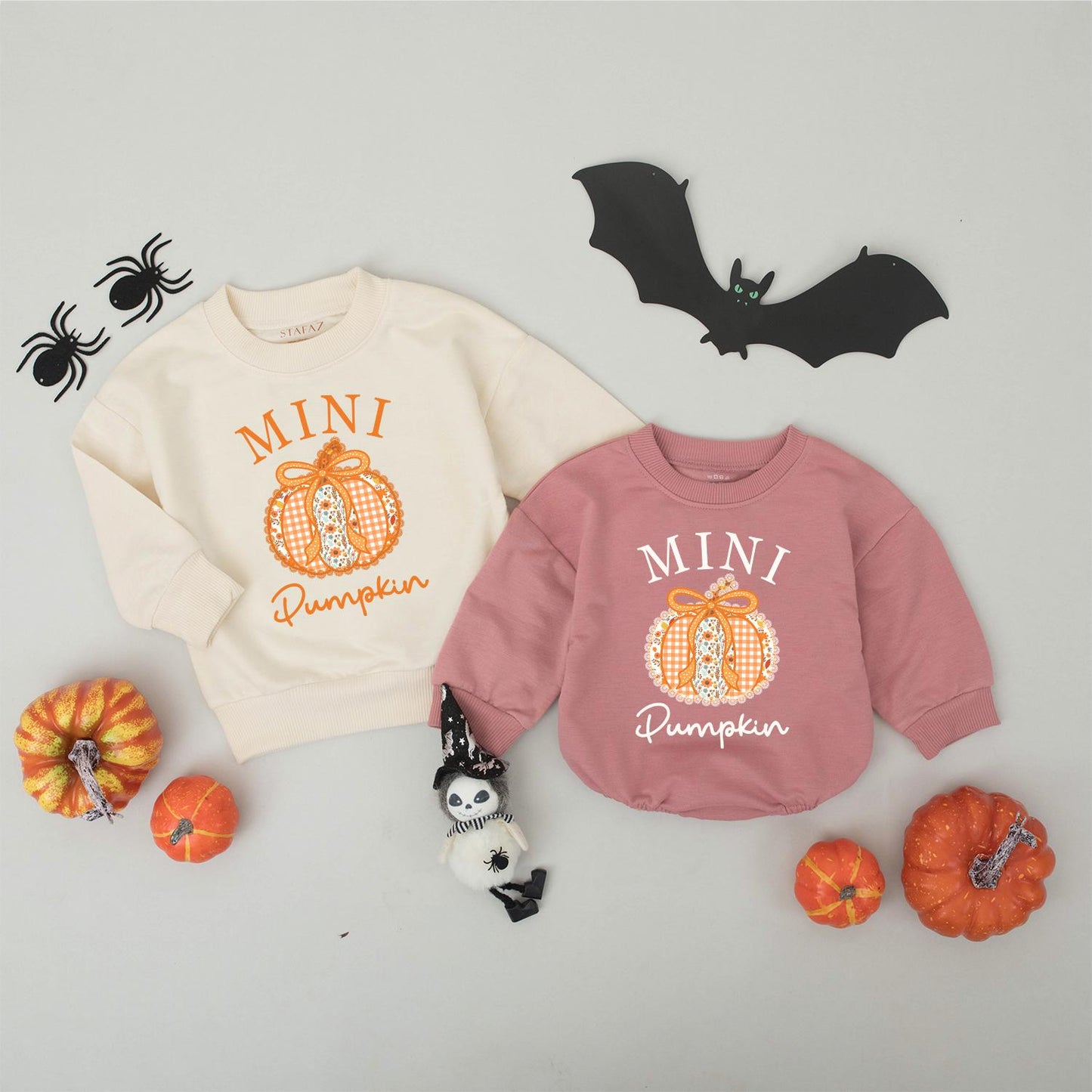 Mama and Mini Pumpkin Sweatshirts Mommy and Me Gingham Floral Design Orange Bow Fall Family Matching Cute Autumn "MAMA MINI Pumpkin" Text