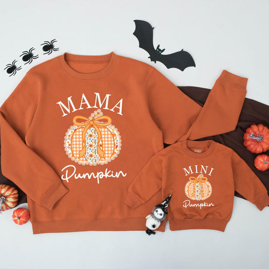Mama and Mini Pumpkin Sweatshirts Mommy and Me Gingham Floral Design Orange Bow Fall Family Matching Cute Autumn "MAMA MINI Pumpkin" Text