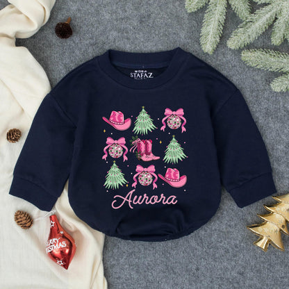 Aurora Howdy Girl Christmas Romper Pink Cowboy Boots Holly Christmas Trees Western Toddler Infant Holiday Outfit Gift