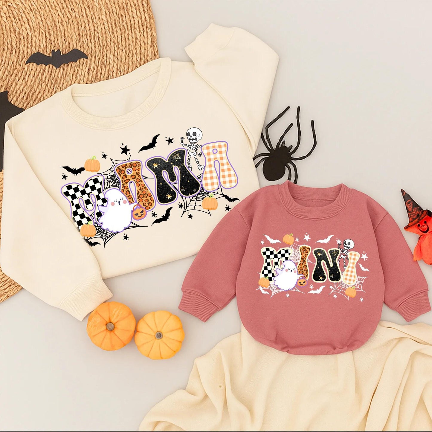 Mama & Mini Halloween Sweatshirts: Matching Family Fall Outfits, Cute Ghost & Pumpkin Design, Leopard & Checkered Letters, Festive Mom & Daughter Style