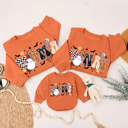 Mama & Mini Halloween Sweatshirts: Matching Family Fall Outfits, Cute Ghost & Pumpkin Design, Leopard & Checkered Letters, Festive Mom & Daughter Style